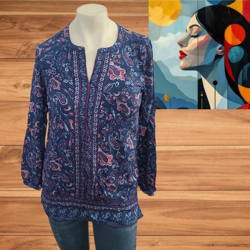 J. Jill Blue Ridge Border Print Notch Neck Tunic Top Dress Size XS Rayon‎